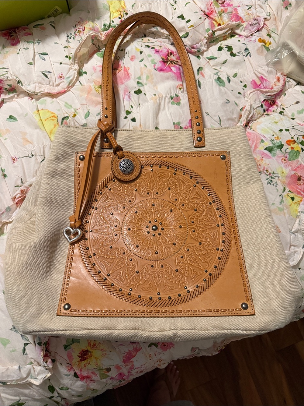 Brighton Tan Leather-Accent Canvas Tote with Embossed Medallion